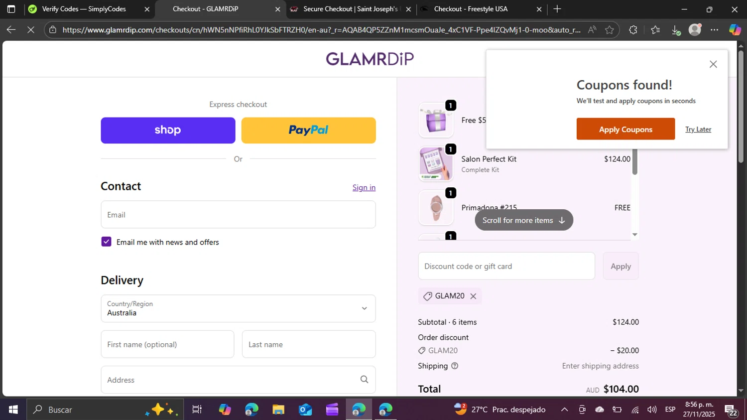 Glamrdip discount code screenshot showing code GLAM20 applied at Glamrdip checkout page. Uploaded by SimplyCodes community member swiftie on Nov 28, 2025