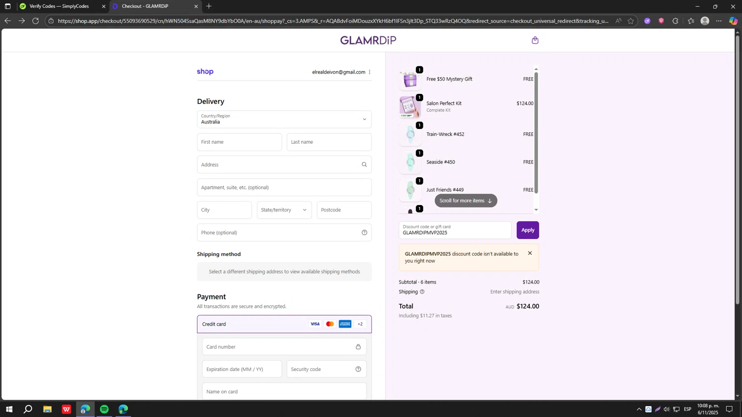 Glamrdip discount code screenshot showing code GLAMRDIPMVP2025 applied at Glamrdip checkout page. Uploaded by SimplyCodes community member fjkdjkldsf on Nov 7, 2025