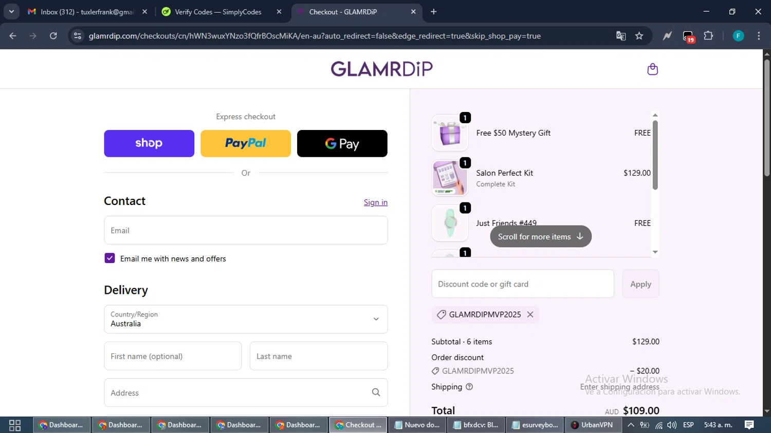 Glamrdip discount code screenshot showing code GLAMRDIPMVP2025 applied at Glamrdip checkout page. Uploaded by SimplyCodes community member ShrewdTitan3233 on Oct 10, 2025