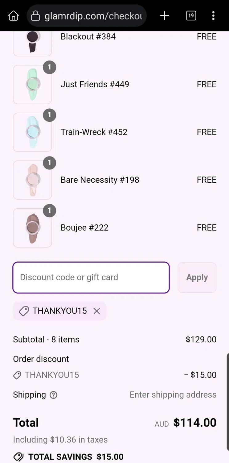 Glamrdip discount code screenshot showing code THANKYOU15 applied at Glamrdip checkout page. Uploaded by SimplyCodes community member Carloslvz on Aug 25, 2025