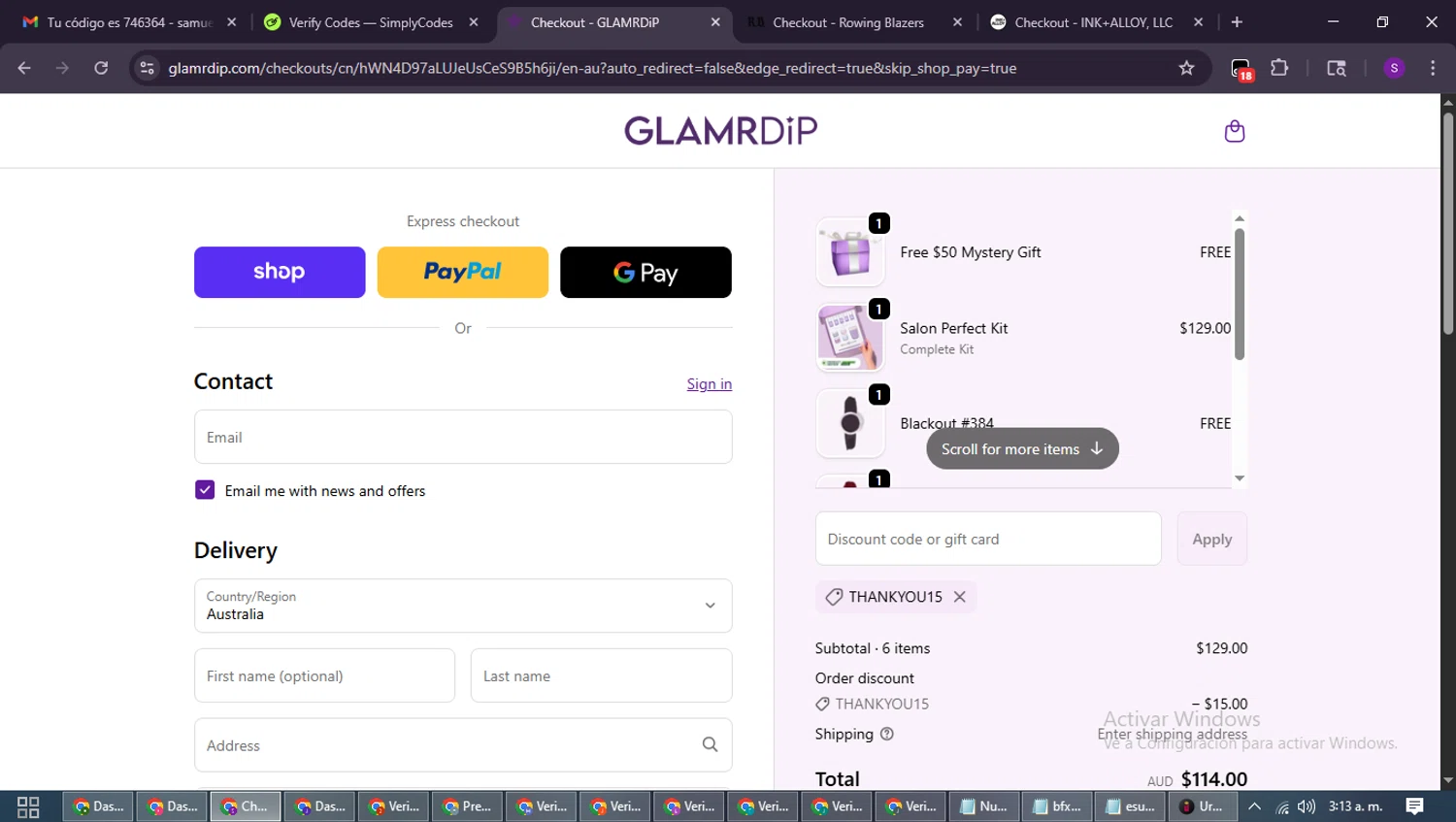 Glamrdip discount code screenshot showing code THANKYOU15 applied at Glamrdip checkout page. Uploaded by SimplyCodes community member ShieldWarden7838 on Oct 17, 2025