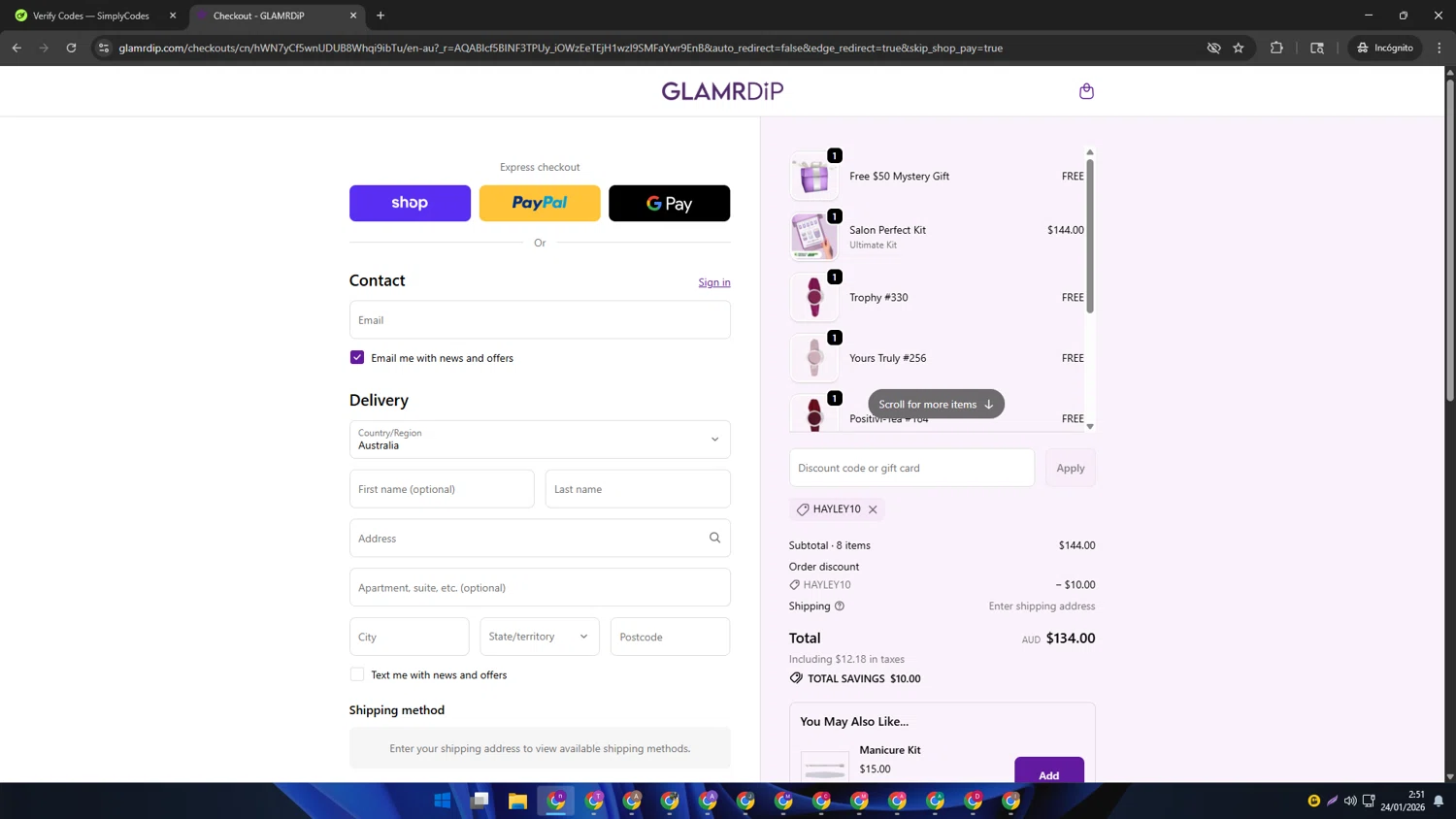 Glamrdip discount code screenshot showing code hayley10 applied at Glamrdip checkout page. Uploaded by SimplyCodes community member AVAMUSTANG on Jan 24, 2026