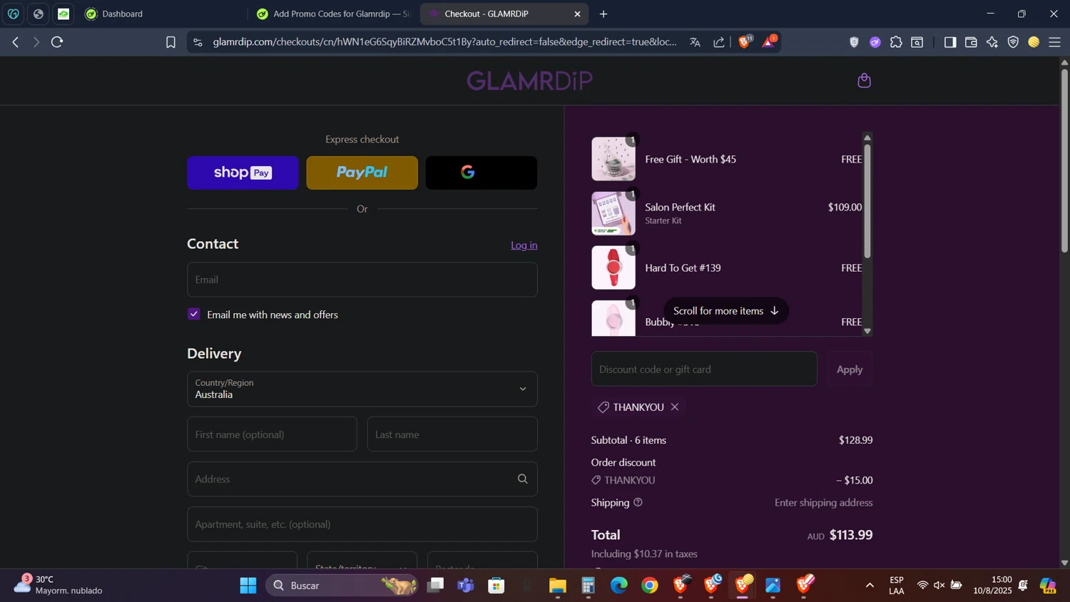 Glamrdip discount code screenshot showing code THANKYOU applied at Glamrdip checkout page. Uploaded by SimplyCodes community member PennyScholar593 on Aug 10, 2025