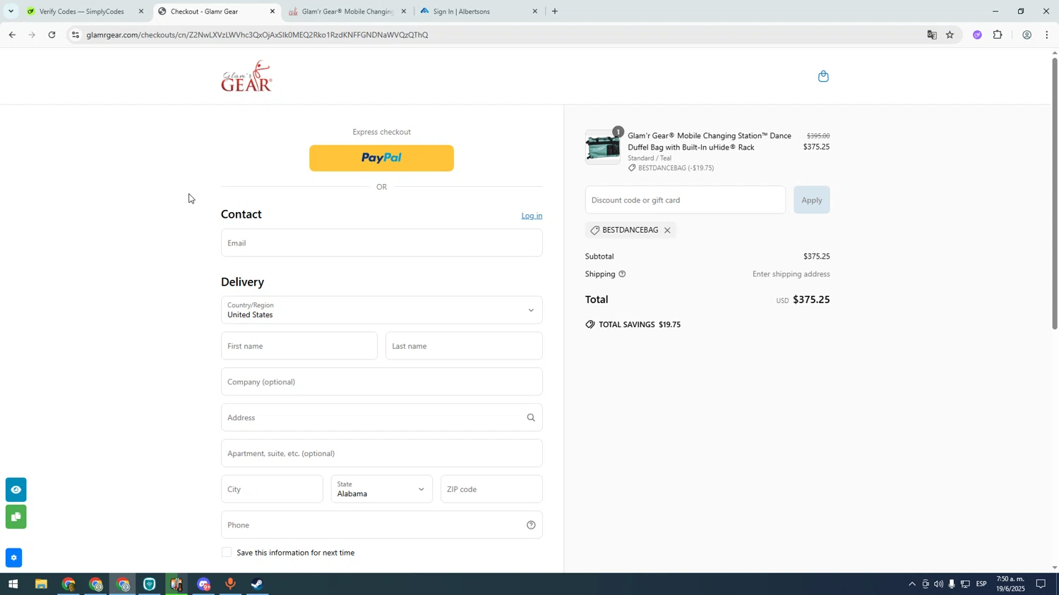 Glamr Gear promo code screenshot showing code bestdancebag applied at Glamr Gear checkout page. Uploaded by SimplyCodes community member asdasdasd on Jun 19, 2025