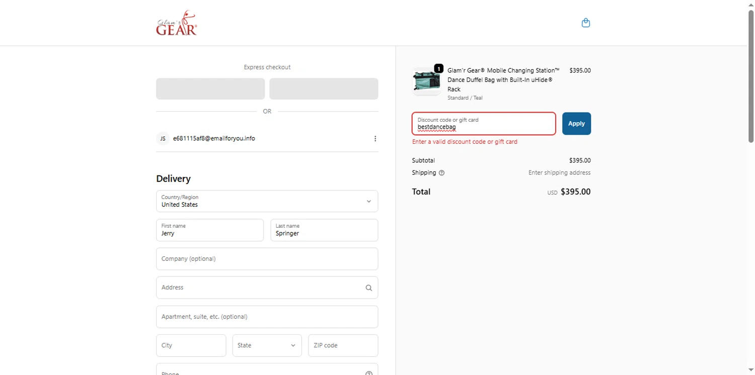 Glamr Gear promo code screenshot showing code bestdancebag applied at Glamr Gear checkout page. Uploaded by SimplyCodes community member renegul on Nov 17, 2025