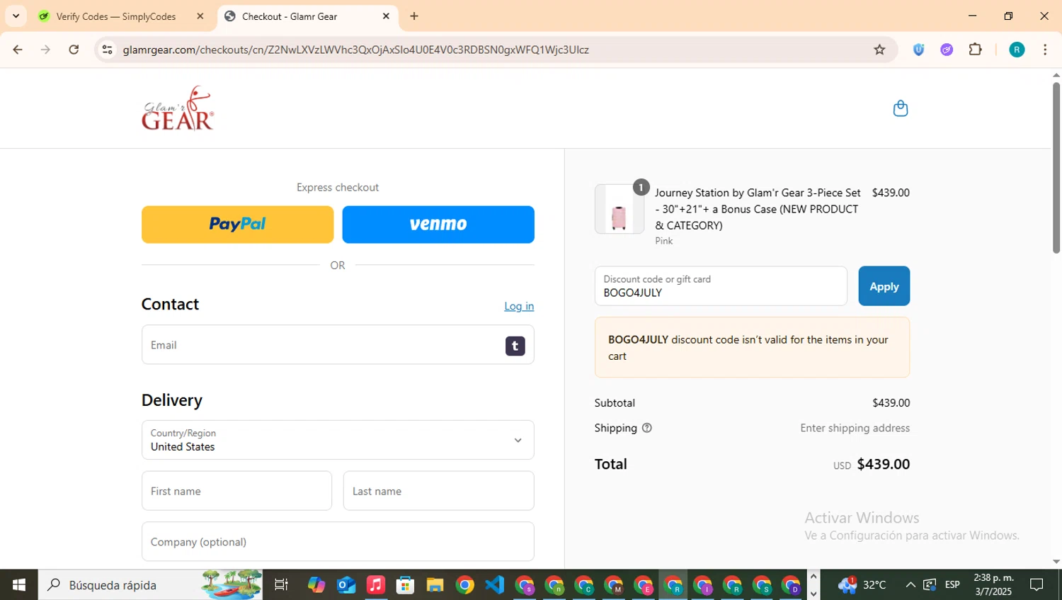 Glamr Gear promo code screenshot showing code BOGO4JULY applied at Glamr Gear checkout page. Uploaded by SimplyCodes community member BudgetHero4407 on Jul 3, 2025