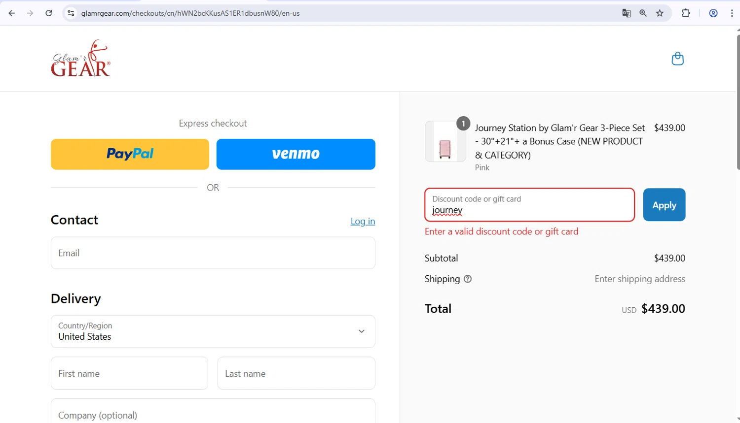 Glamr Gear promo code screenshot showing code journey applied at Glamr Gear checkout page. Uploaded by SimplyCodes community member PrimeWarden1601 on Sep 5, 2025