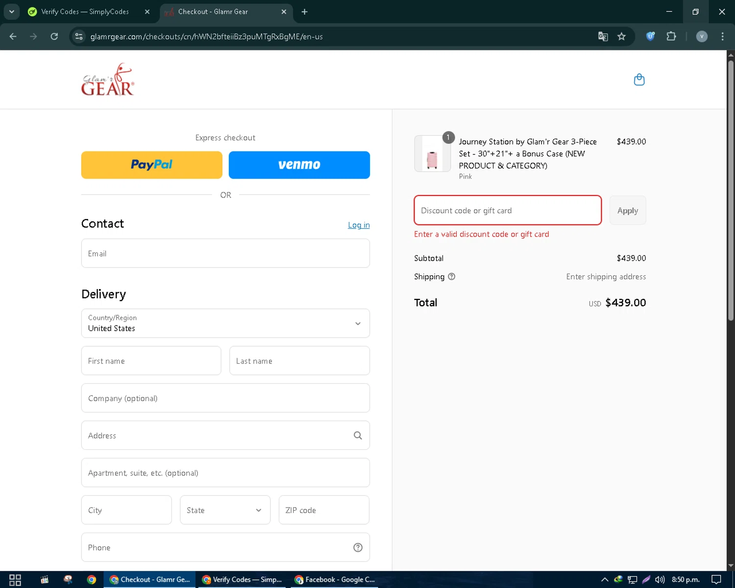 Glamr Gear promo code screenshot showing code journey applied at Glamr Gear checkout page. Uploaded by SimplyCodes community member charmander589 on Sep 5, 2025