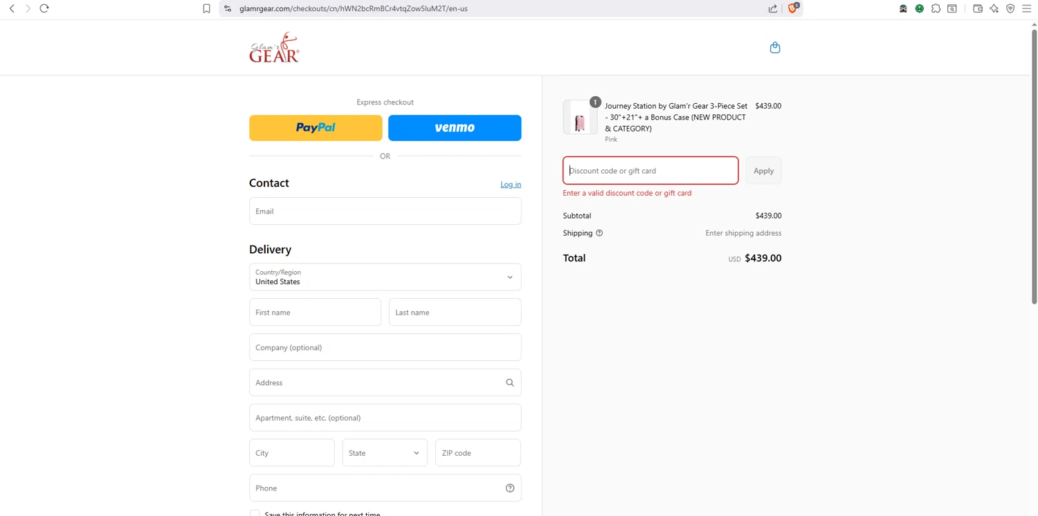 Glamr Gear promo code screenshot showing code journey applied at Glamr Gear checkout page. Uploaded by SimplyCodes community member dayselis15 on Sep 5, 2025