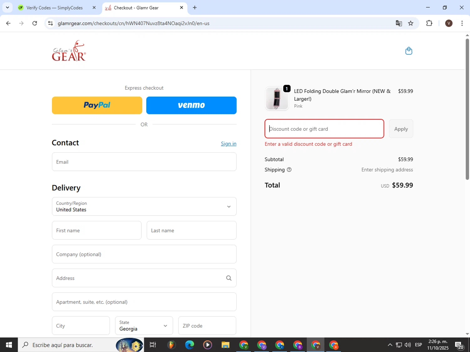 Glamr Gear promo code screenshot showing code ggprime applied at Glamr Gear checkout page. Uploaded by SimplyCodes community member CashLion3448 on Oct 11, 2025