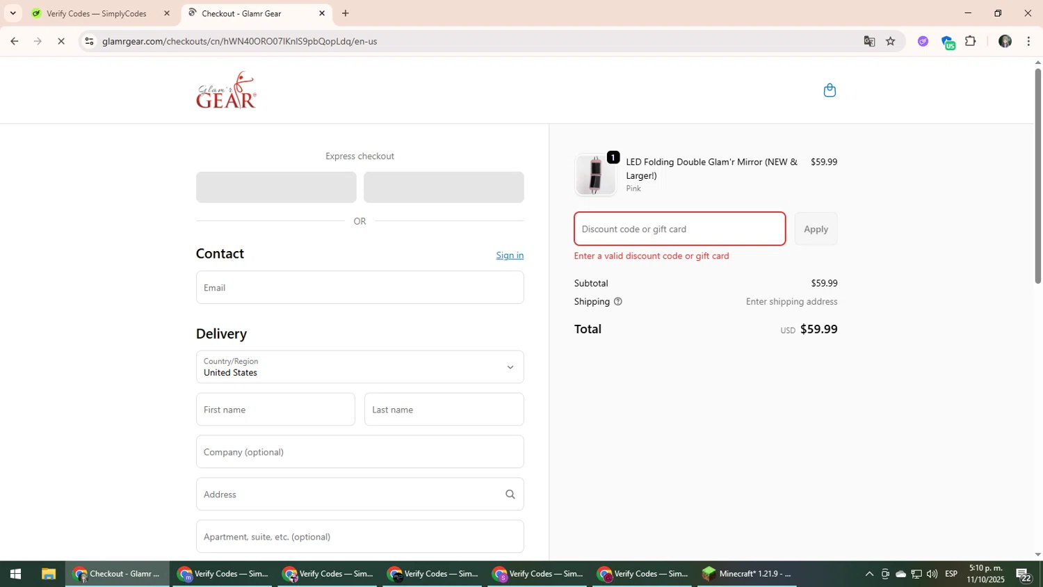 Glamr Gear promo code screenshot showing code ggprime applied at Glamr Gear checkout page. Uploaded by SimplyCodes community member CleverLynx6871 on Oct 11, 2025