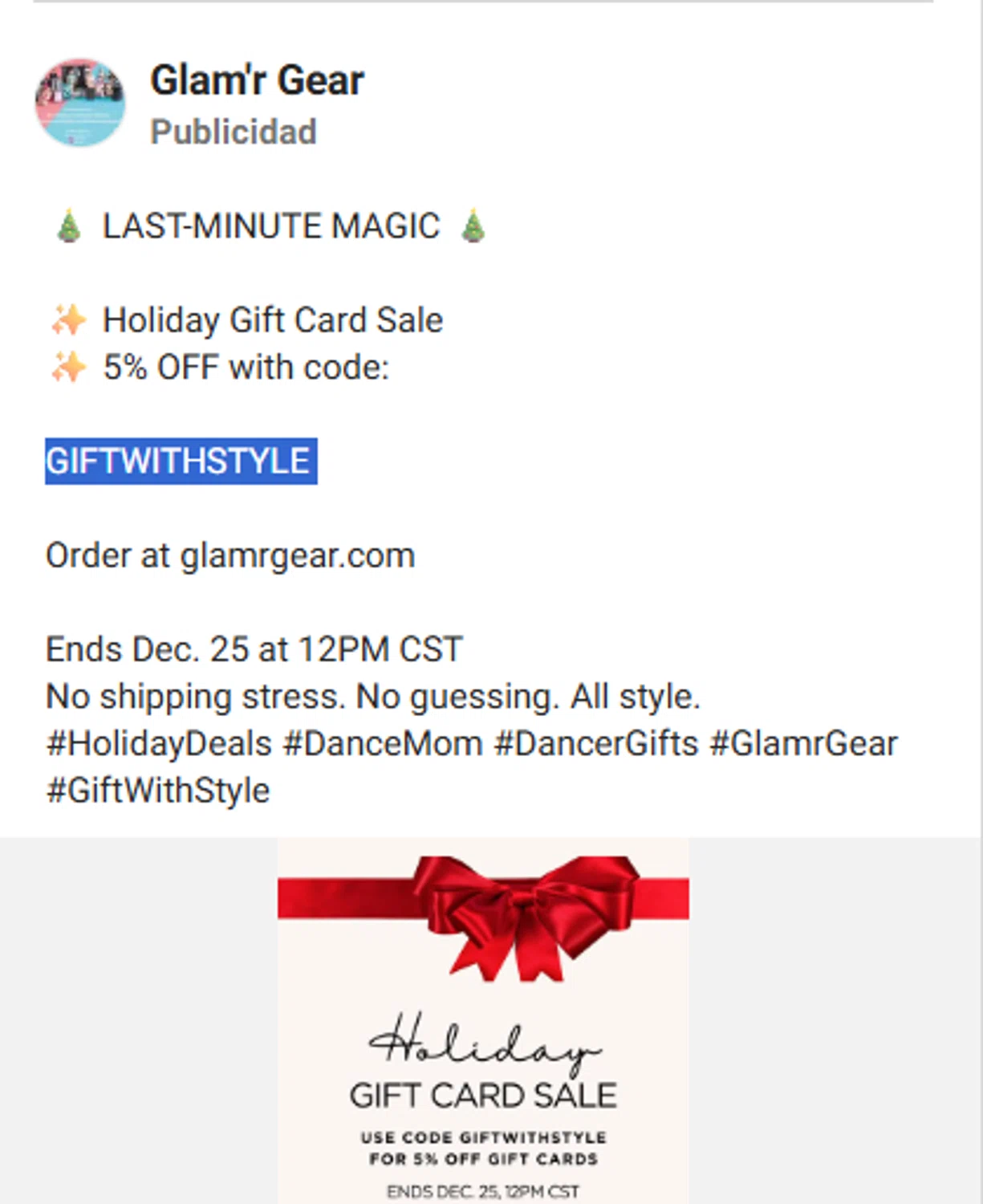 Glamr Gear promo code screenshot showing code GIFTWITHSTYLE applied at Glamr Gear checkout page. Uploaded by SimplyCodes community member ShrewdRanger8712 on Dec 23, 2025