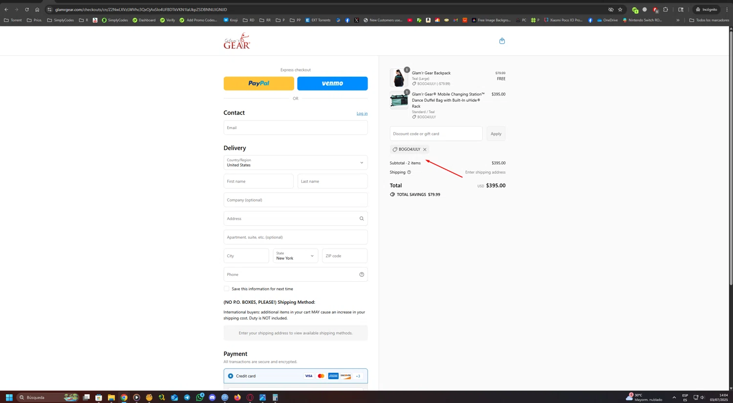Glamr Gear promo code screenshot showing code BOGO4JULY applied at Glamr Gear checkout page. Uploaded by SimplyCodes community member UnkNownVnzla on Jul 3, 2025