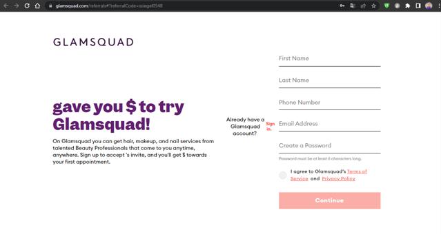 GlamSquad checkout page showing GlamSquad promo code box | Screenshot taken by SimplyCodes community member on Dec 5, 2023