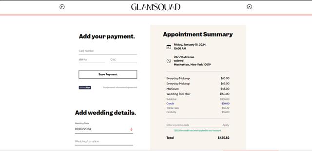 GlamSquad checkout page showing GlamSquad promo code box | Screenshot taken by SimplyCodes community member on Jan 3, 2024