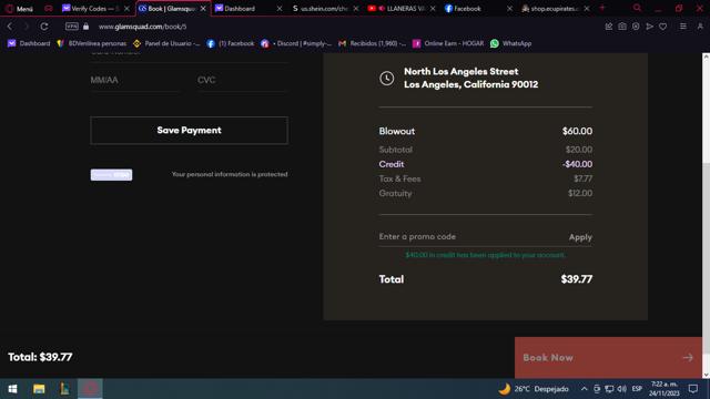 GlamSquad checkout page showing GlamSquad promo code box | Screenshot taken by SimplyCodes community member on Nov 24, 2023
