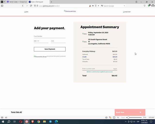 GlamSquad checkout page showing GlamSquad promo code box | Screenshot taken by SimplyCodes community member on Sep 23, 2023