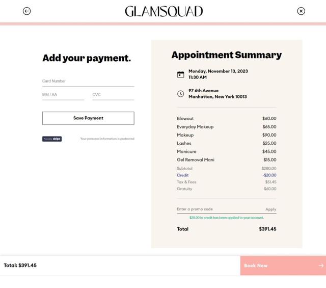 GlamSquad checkout page showing GlamSquad promo code box | Screenshot taken by SimplyCodes community member on Oct 26, 2023