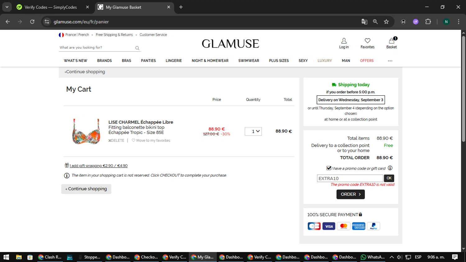 Glamuse promo code screenshot showing code EXTRA10 applied at Glamuse checkout page. Uploaded by SimplyCodes community member nataaokiiii on Sep 2, 2025