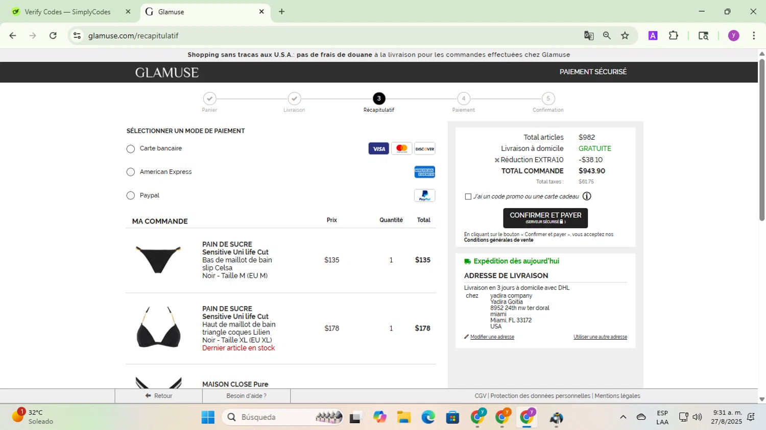 Glamuse promo code screenshot showing code EXTRA10 applied at Glamuse checkout page. Uploaded by SimplyCodes community member yadicg054 on Aug 27, 2025