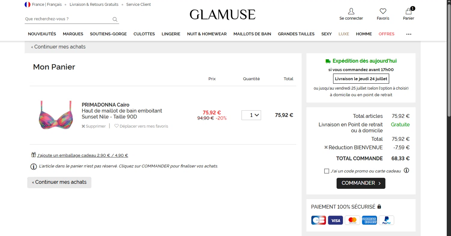 Glamuse promo code screenshot showing code Bienvenue applied at Glamuse checkout page. Uploaded by SimplyCodes community member CouponHero3179 on Jul 23, 2025