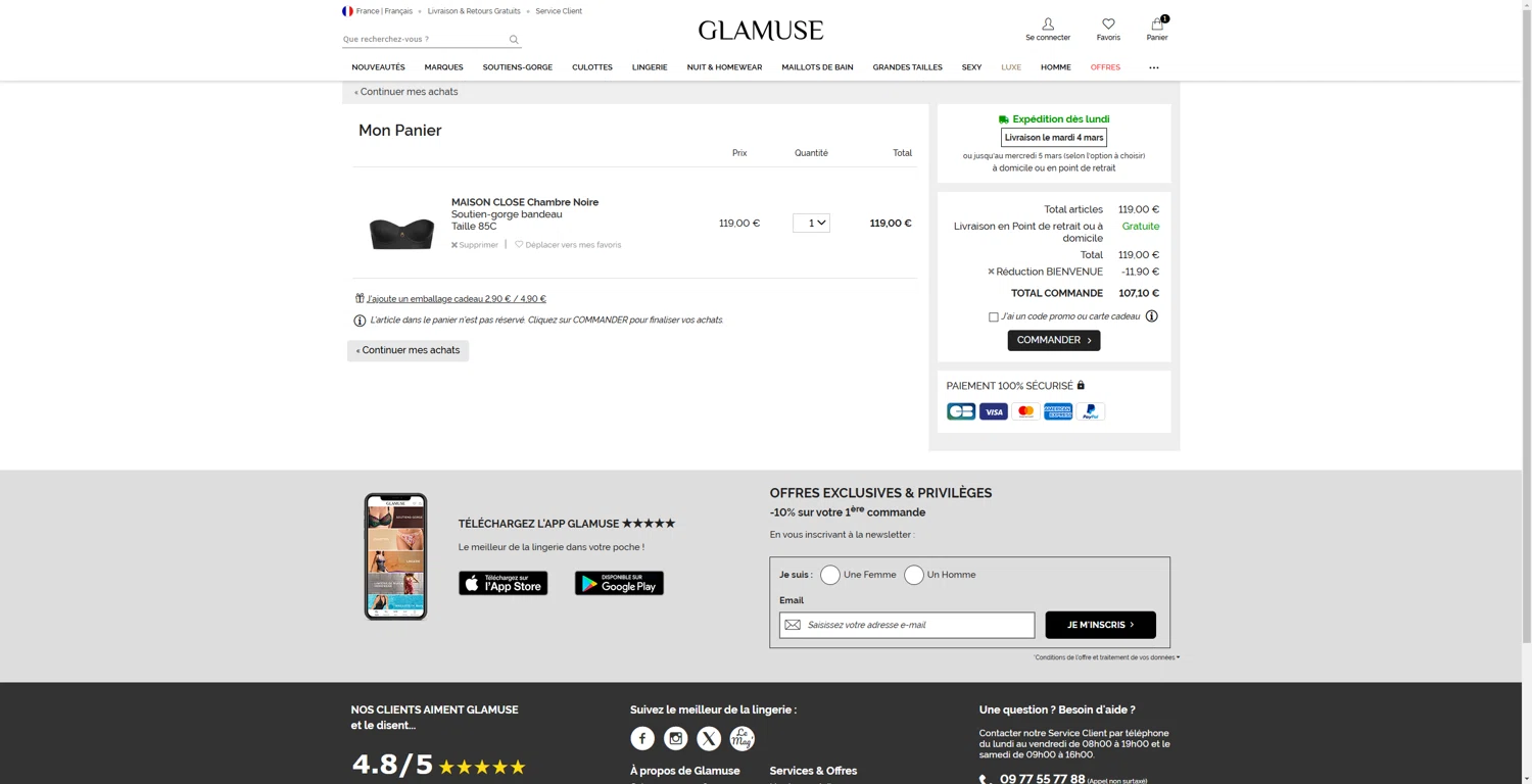 Glamuse promo code screenshot showing code Bienvenue applied at Glamuse checkout page. Uploaded by SimplyCodes community member echidanarara on Mar 2, 2025