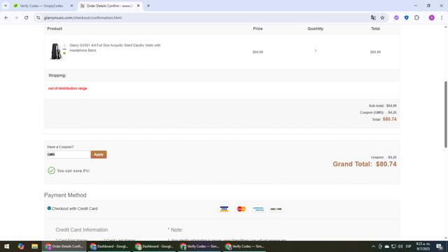 Glarry checkout page showing Glarry coupon code box | Screenshot taken by SimplyCodes community member on Jul 9, 2025