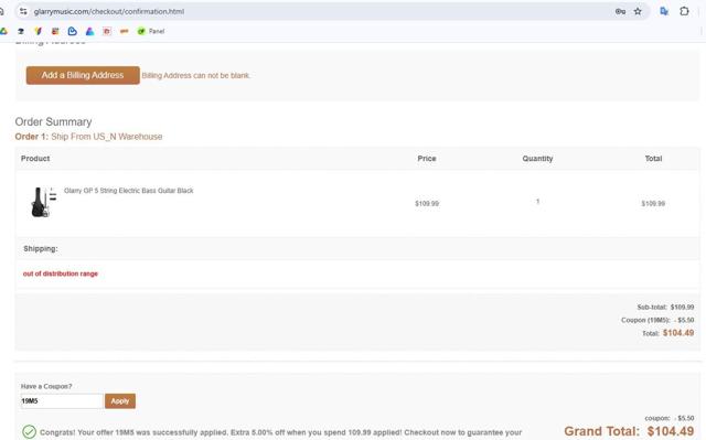 Glarry checkout page showing Glarry coupon code box | Screenshot taken by SimplyCodes community member on Aug 5, 2025