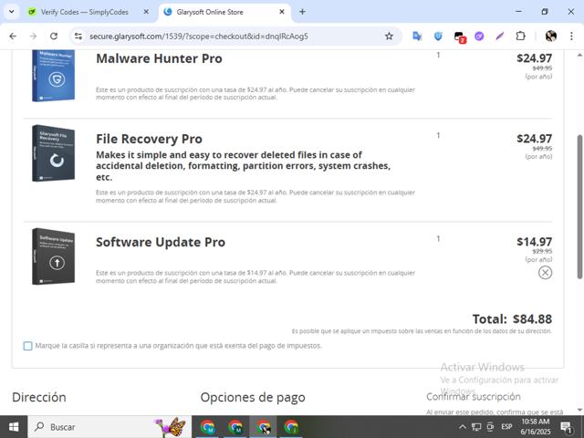 Glarysoft checkout page showing Glarysoft coupon code box | Screenshot taken by SimplyCodes community member on Jun 16, 2025