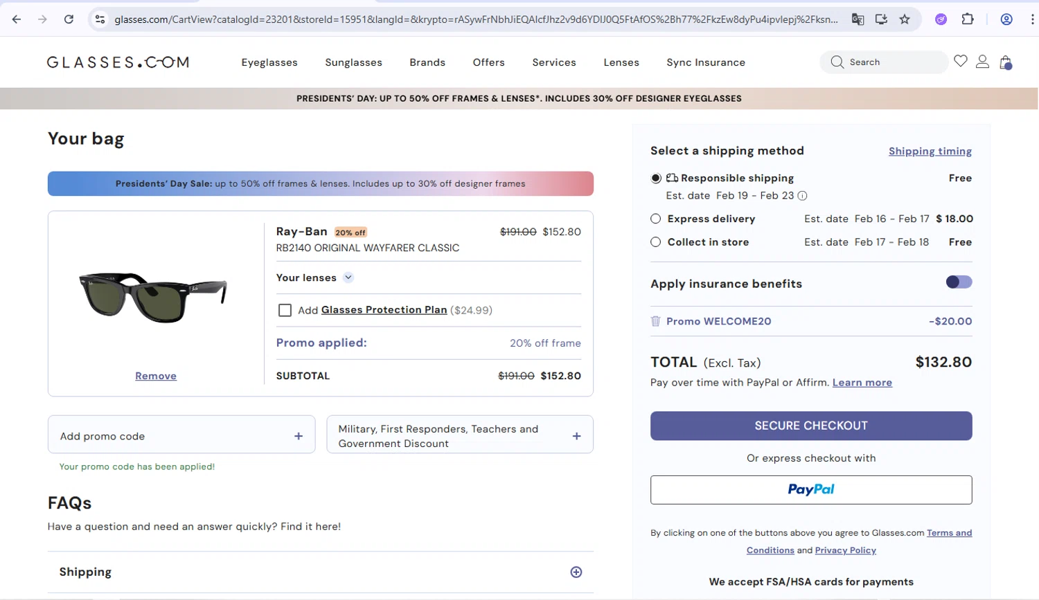 Glasses.com promo code screenshot showing code WELCOME20 applied at Glasses.com checkout page. Uploaded by SimplyCodes community member PrimeWarden1601 on Feb 12, 2026