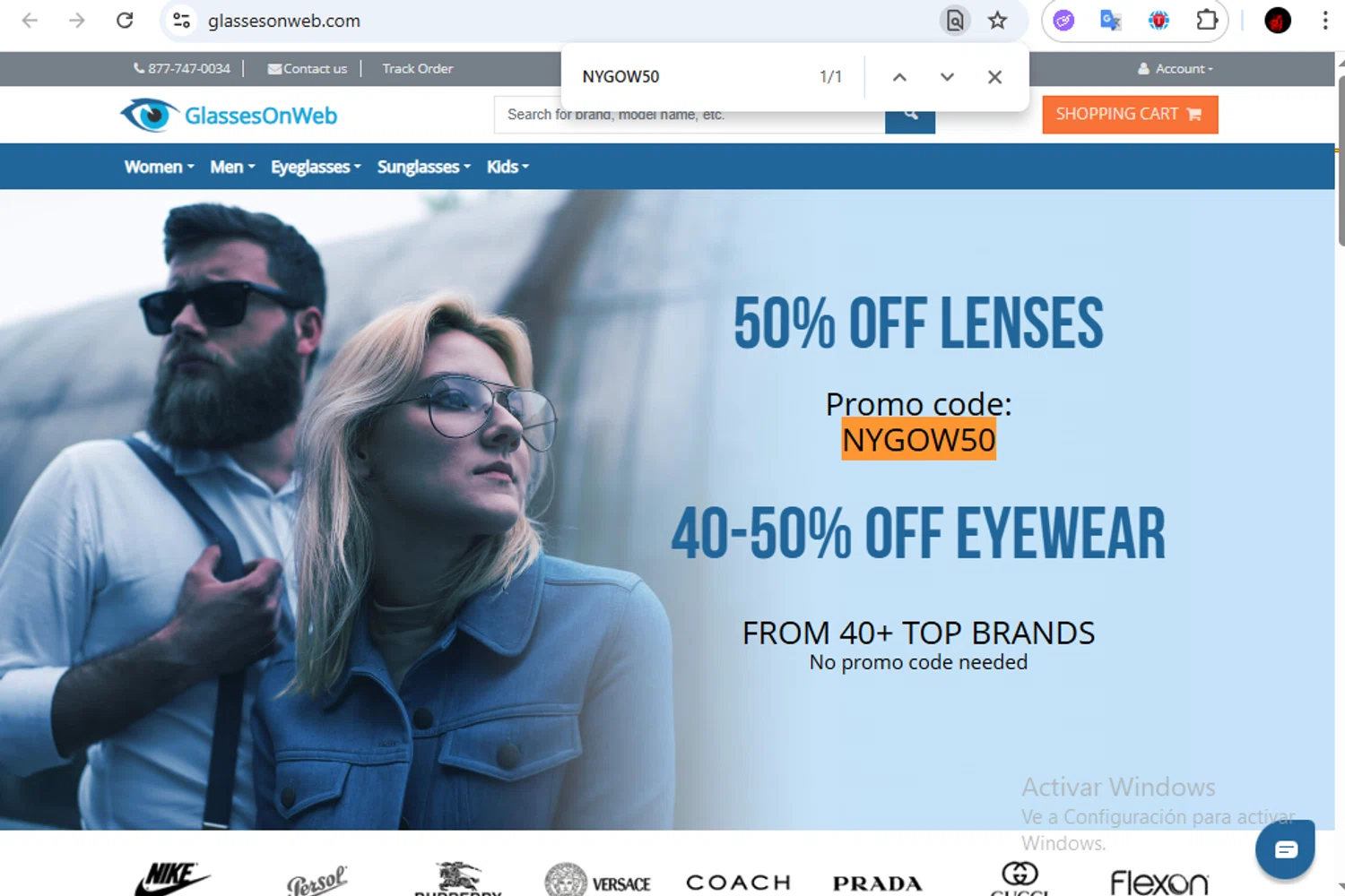 Glasses On Web promo code screenshot showing code NYGOW50 applied at Glasses On Web checkout page. Uploaded by SimplyCodes community member Francisco01 on Oct 24, 2025