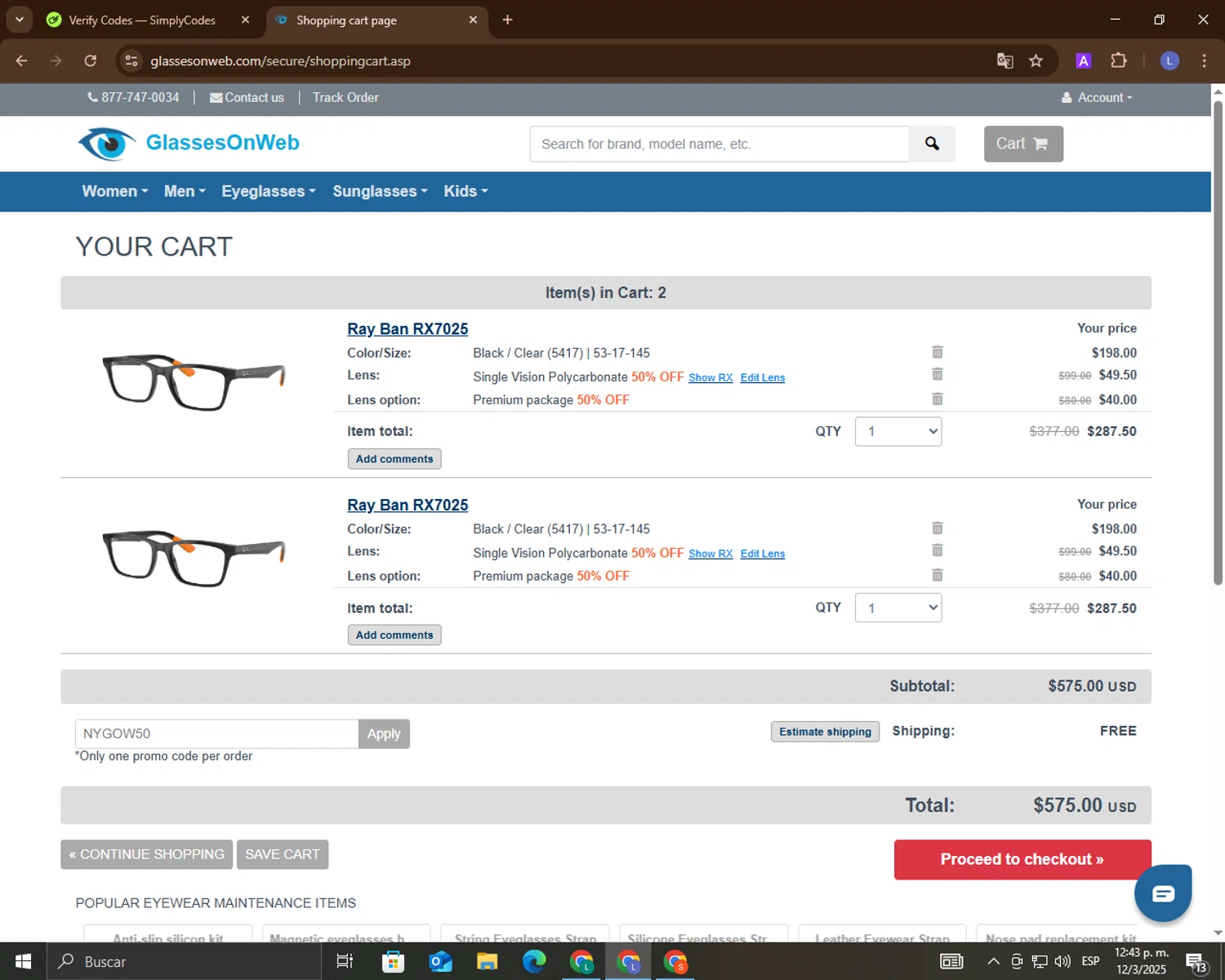 Glasses On Web checkout page showing Glasses On Web promo code box | Screenshot taken by SimplyCodes community member on Mar 12, 2025