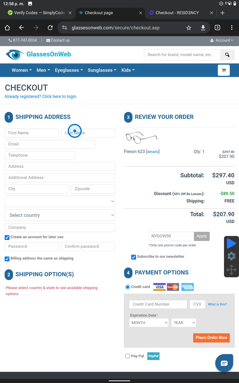 Glasses On Web checkout page showing Glasses On Web promo code box | Screenshot taken by SimplyCodes community member on Jul 17, 2024