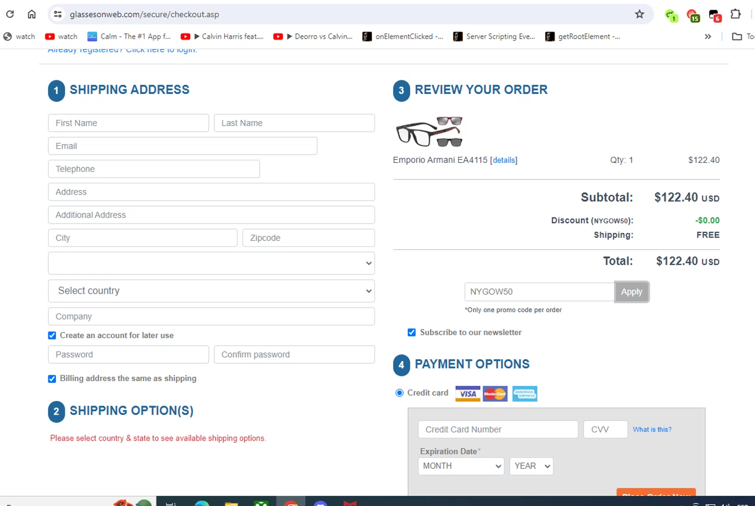 Glasses On Web checkout page showing Glasses On Web promo code box | Screenshot taken by SimplyCodes community member on May 27, 2024