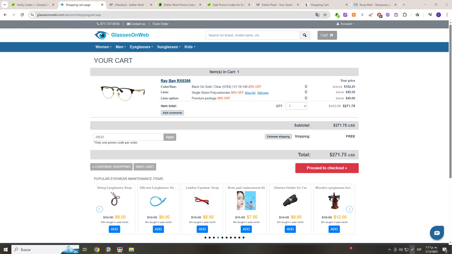 Glasses On Web promo code screenshot showing code RB25 applied at Glasses On Web checkout page. Uploaded by SimplyCodes community member LAGUGU on Dec 1, 2025
