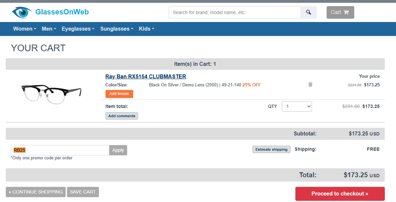 Glasses On Web promo code screenshot showing code RB25 applied at Glasses On Web checkout page. Uploaded by SimplyCodes community member RickhiK on Dec 1, 2025