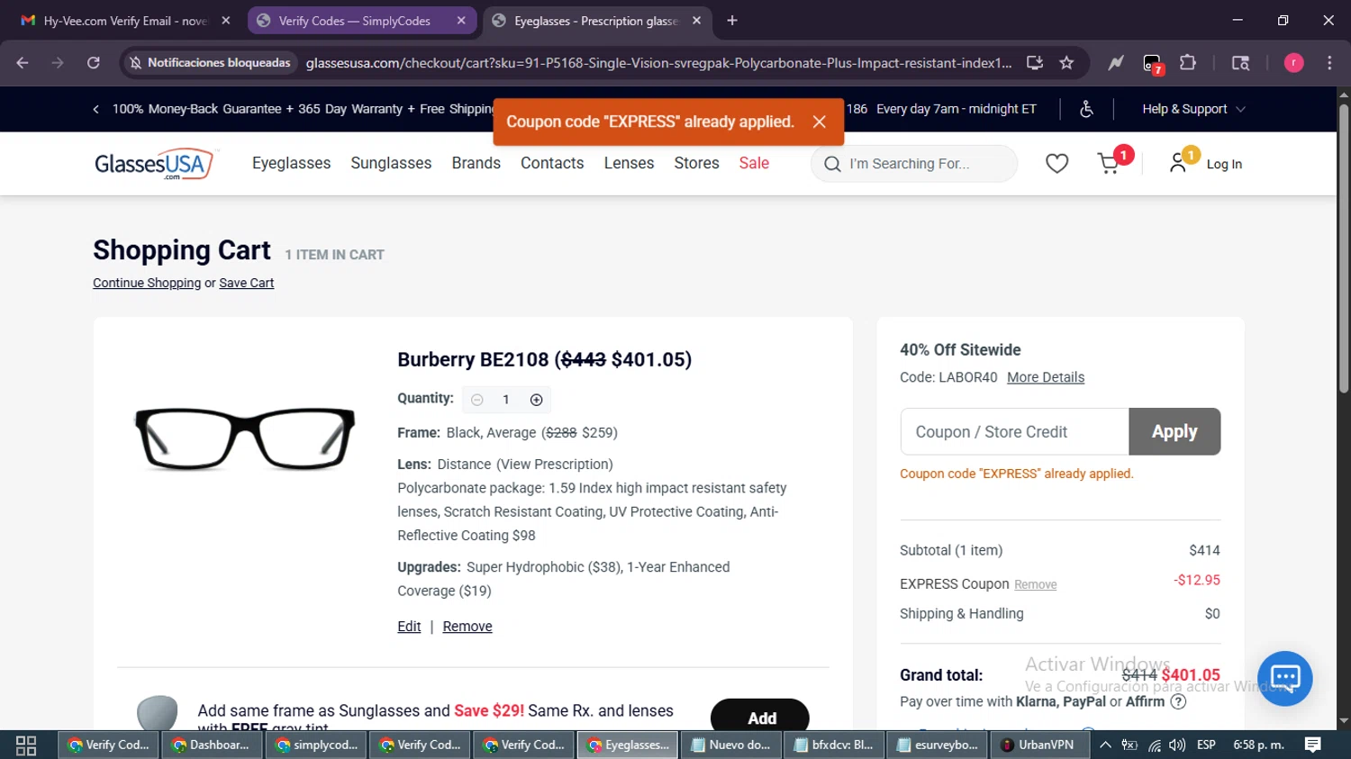 GlassesUSA promo code screenshot showing code EXPRESS applied at GlassesUSA checkout page. Uploaded by SimplyCodes community member WisePro3739 on Aug 28, 2025
