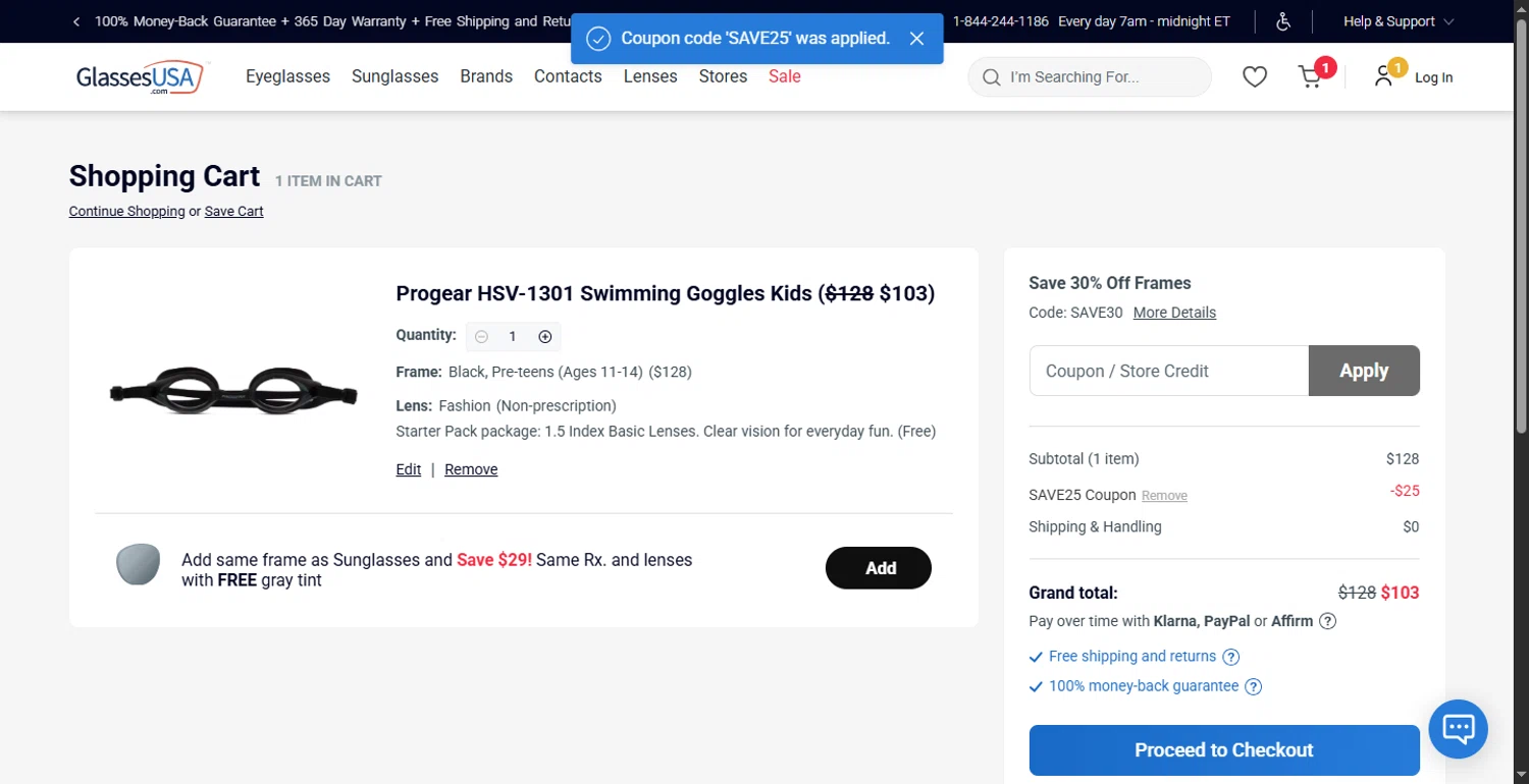 GlassesUSA promo code screenshot showing code SAVE25 applied at GlassesUSA checkout page. Uploaded by SimplyCodes community member BargainMonarch8220 on Jul 28, 2025