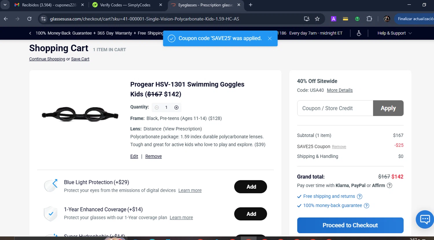 GlassesUSA promo code screenshot showing code SAVE25 applied at GlassesUSA checkout page. Uploaded by SimplyCodes community member Eduard on Jul 1, 2025