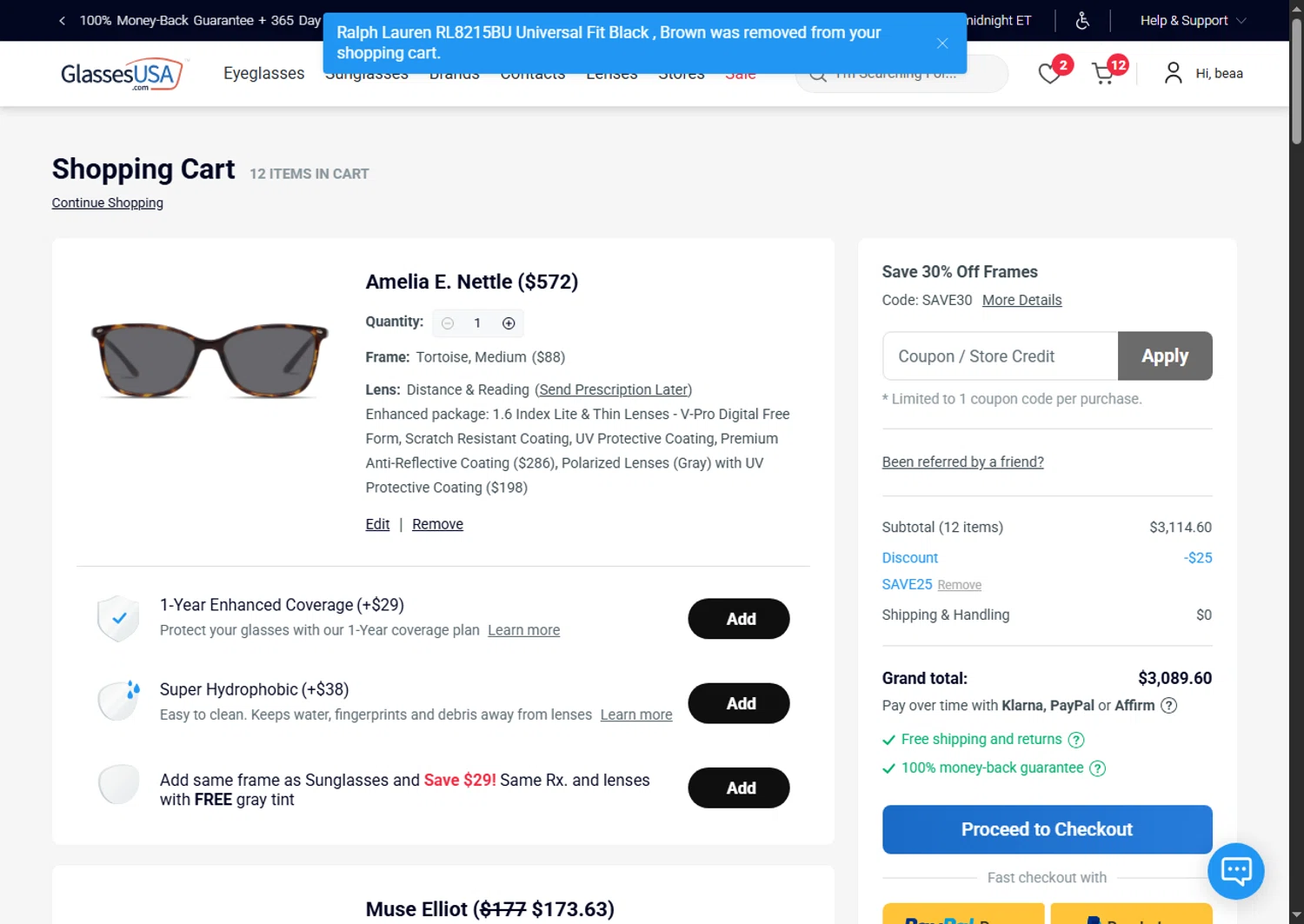 GlassesUSA promo code screenshot showing code SAVE25 applied at GlassesUSA checkout page. Uploaded by SimplyCodes community member Leannysv7lla on May 9, 2025