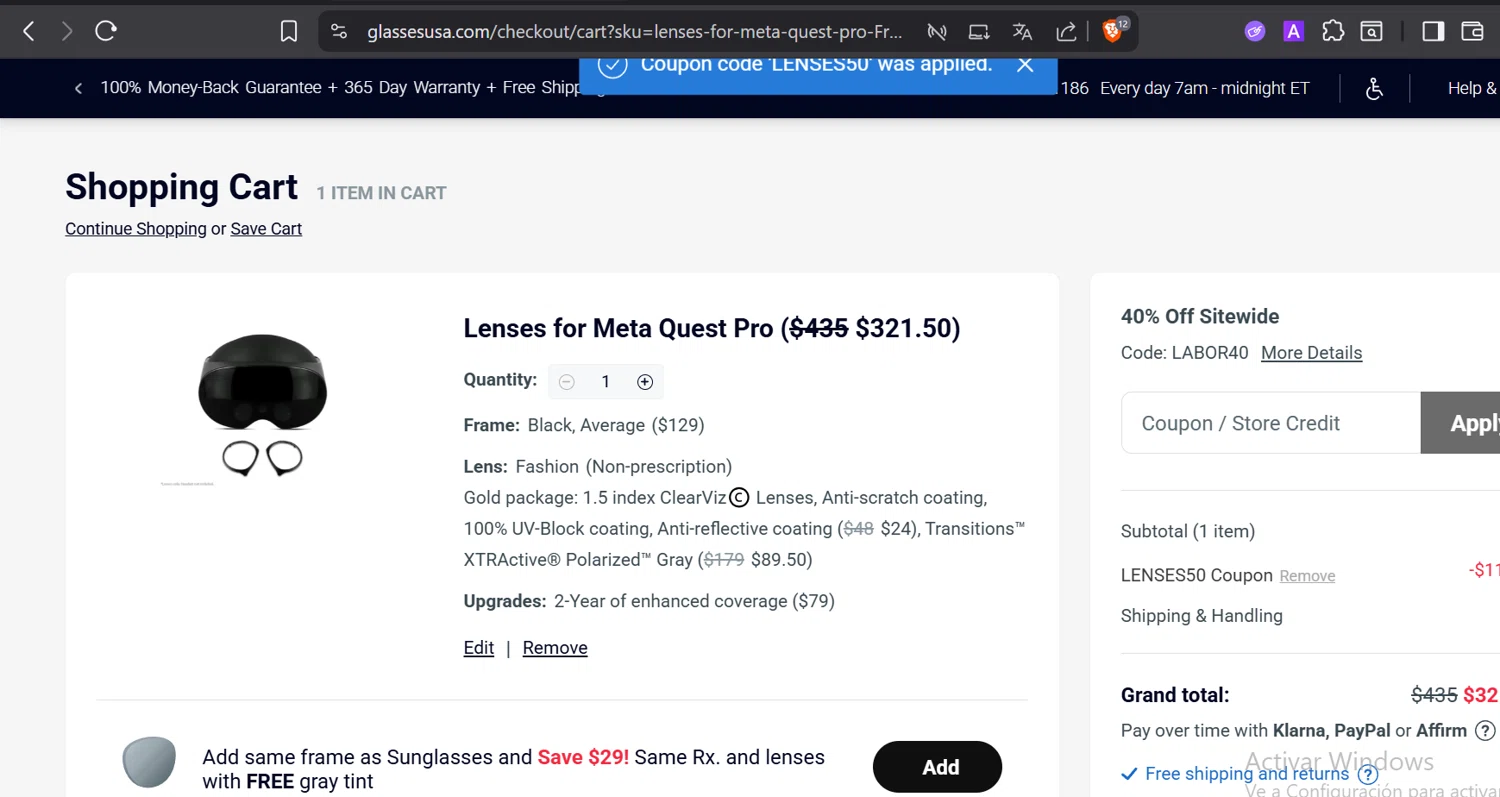 GlassesUSA promo code screenshot showing code LENSES50 applied at GlassesUSA checkout page. Uploaded by SimplyCodes community member CashElite5536 on Aug 26, 2025