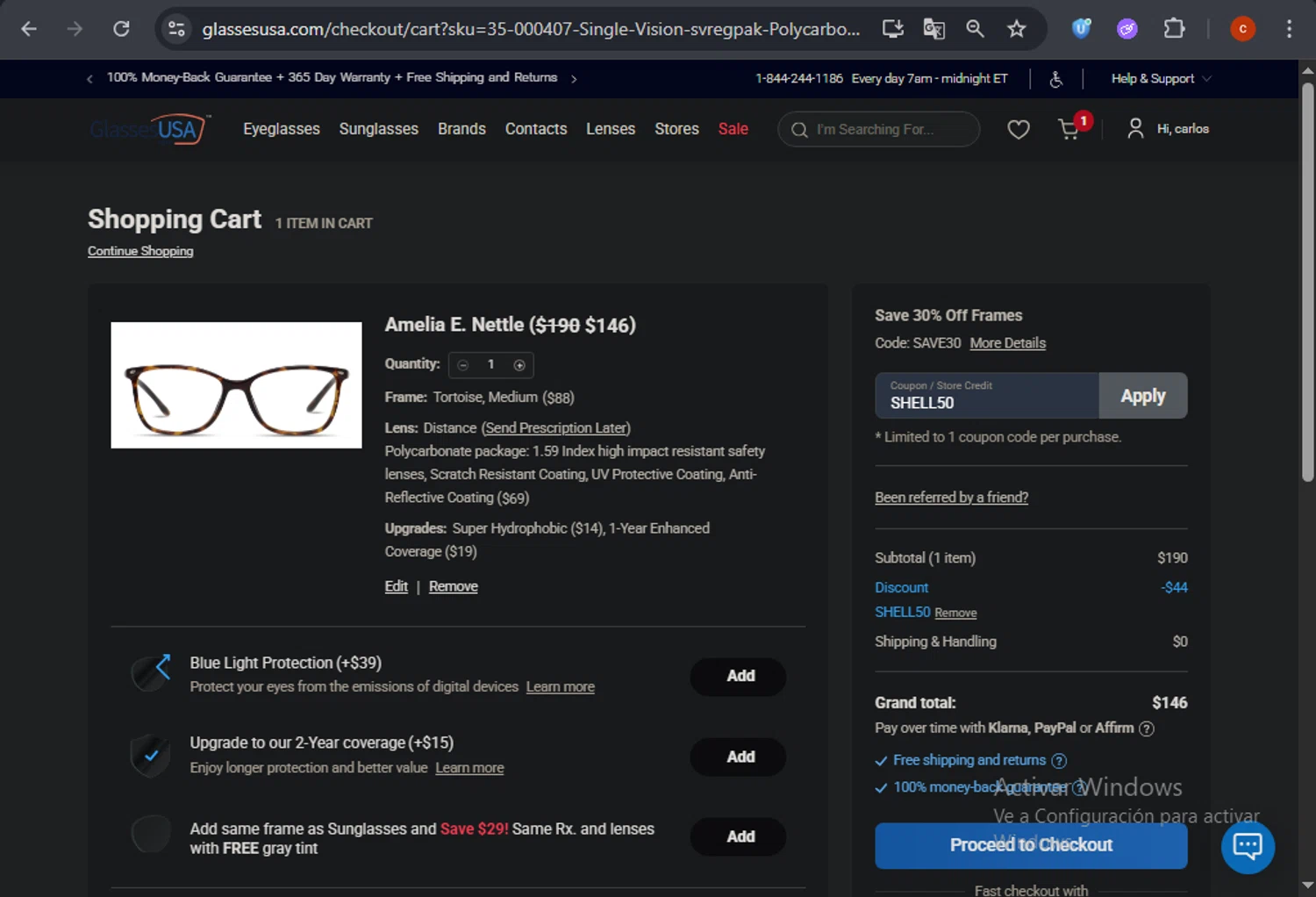 GlassesUSA promo code screenshot showing code SHELL50 applied at GlassesUSA checkout page. Uploaded by SimplyCodes community member CashSage6731 on Jun 18, 2025