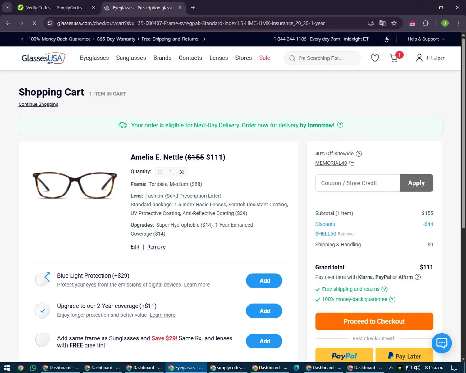 GlassesUSA promo code screenshot showing code SHELL50 applied at GlassesUSA checkout page. Uploaded by SimplyCodes community member LilBaby on May 21, 2025