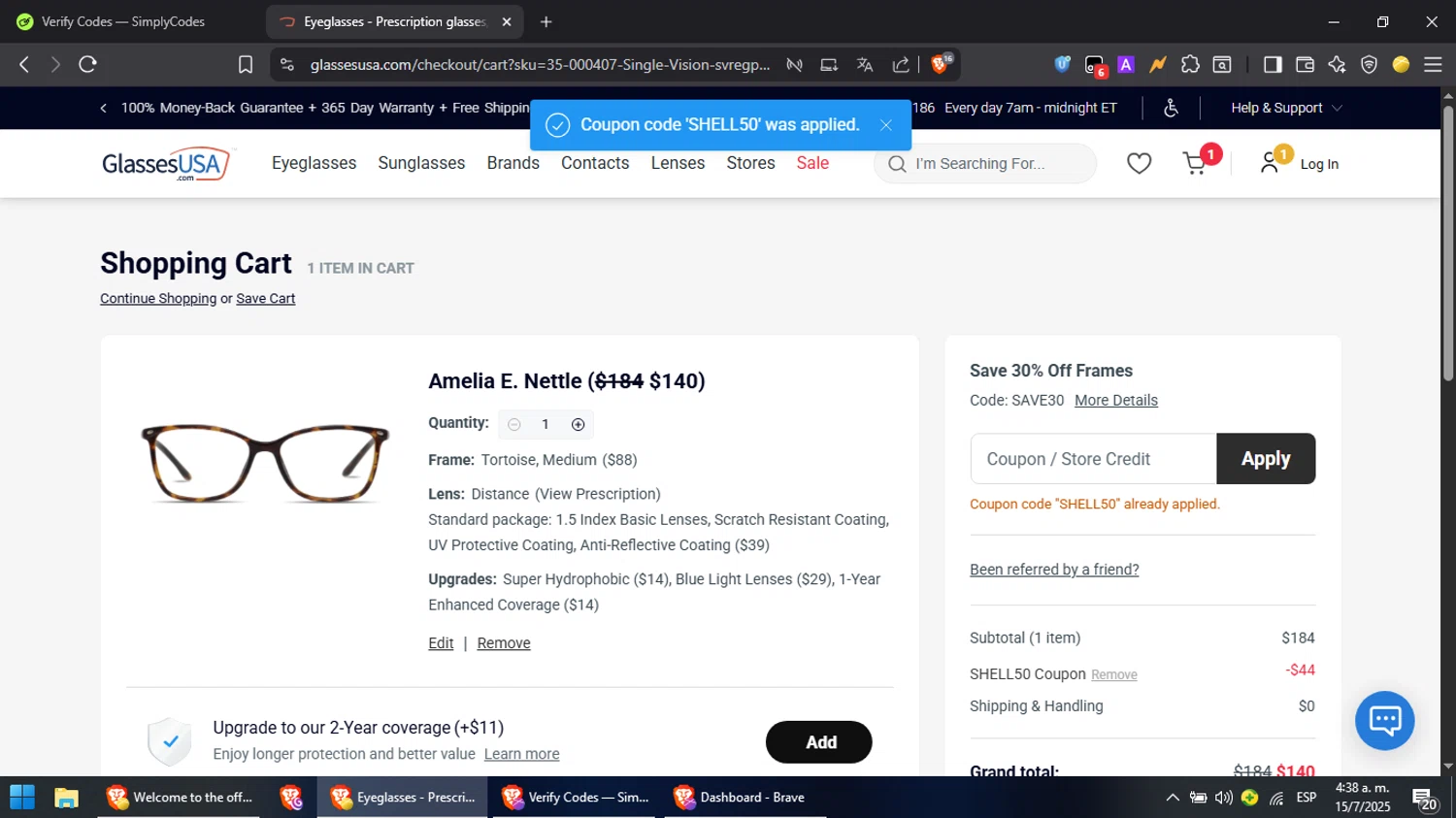 GlassesUSA promo code screenshot showing code SHELL50 applied at GlassesUSA checkout page. Uploaded by SimplyCodes community member PromoScout8746 on Jul 15, 2025