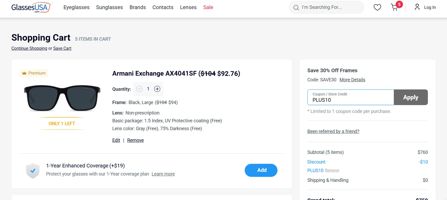 GlassesUSA promo code screenshot showing code PLUS10 applied at GlassesUSA checkout page. Uploaded by SimplyCodes community member JasnibelEgu on Mar 30, 2025