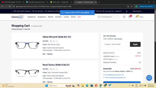 GlassesUSA checkout page showing GlassesUSA promo code box | Screenshot taken by SimplyCodes community member on Aug 29, 2025