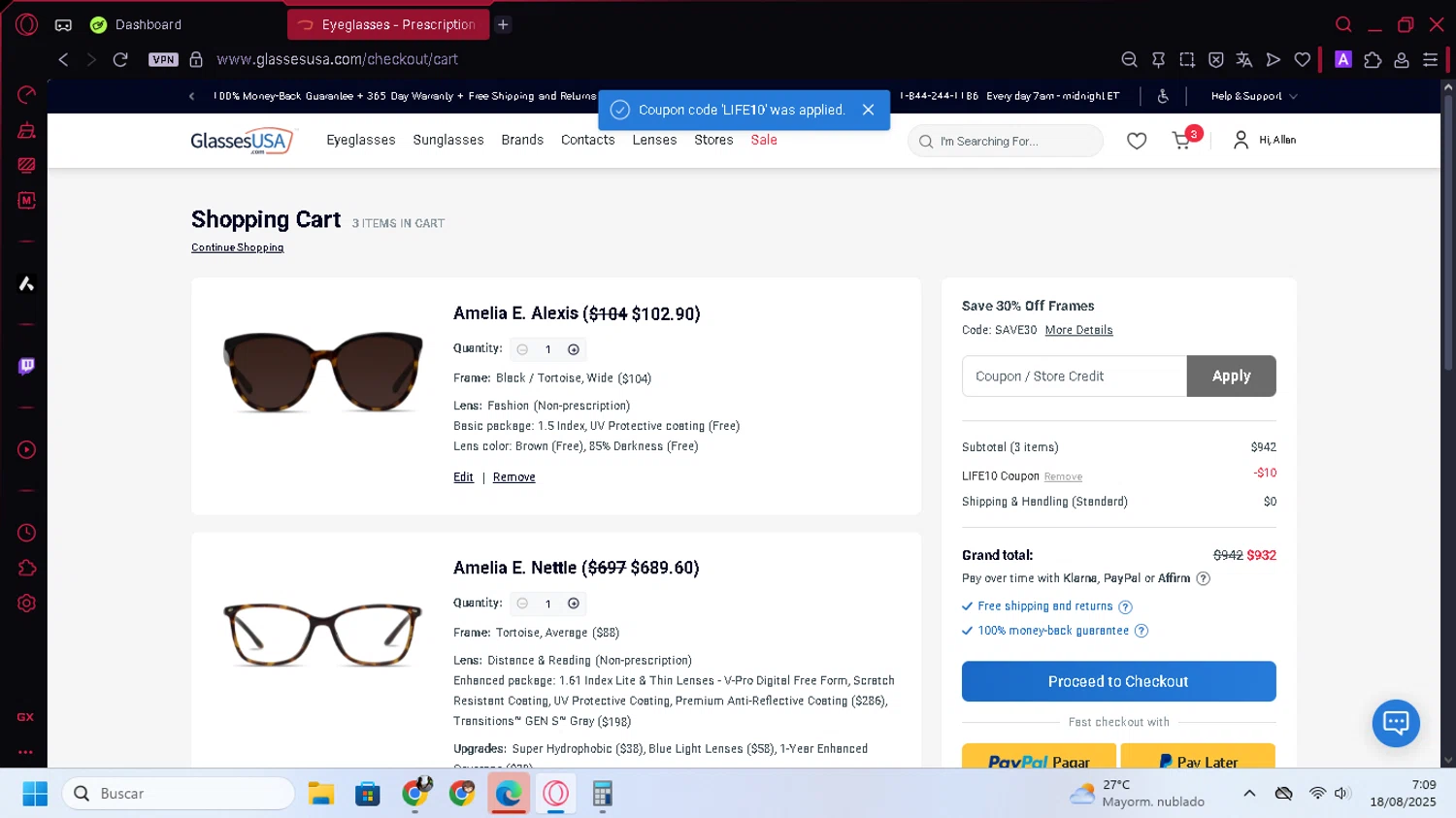 GlassesUSA promo code screenshot showing code LIFE10 applied at GlassesUSA checkout page. Uploaded by SimplyCodes community member SwiftPilot741 on Aug 18, 2025