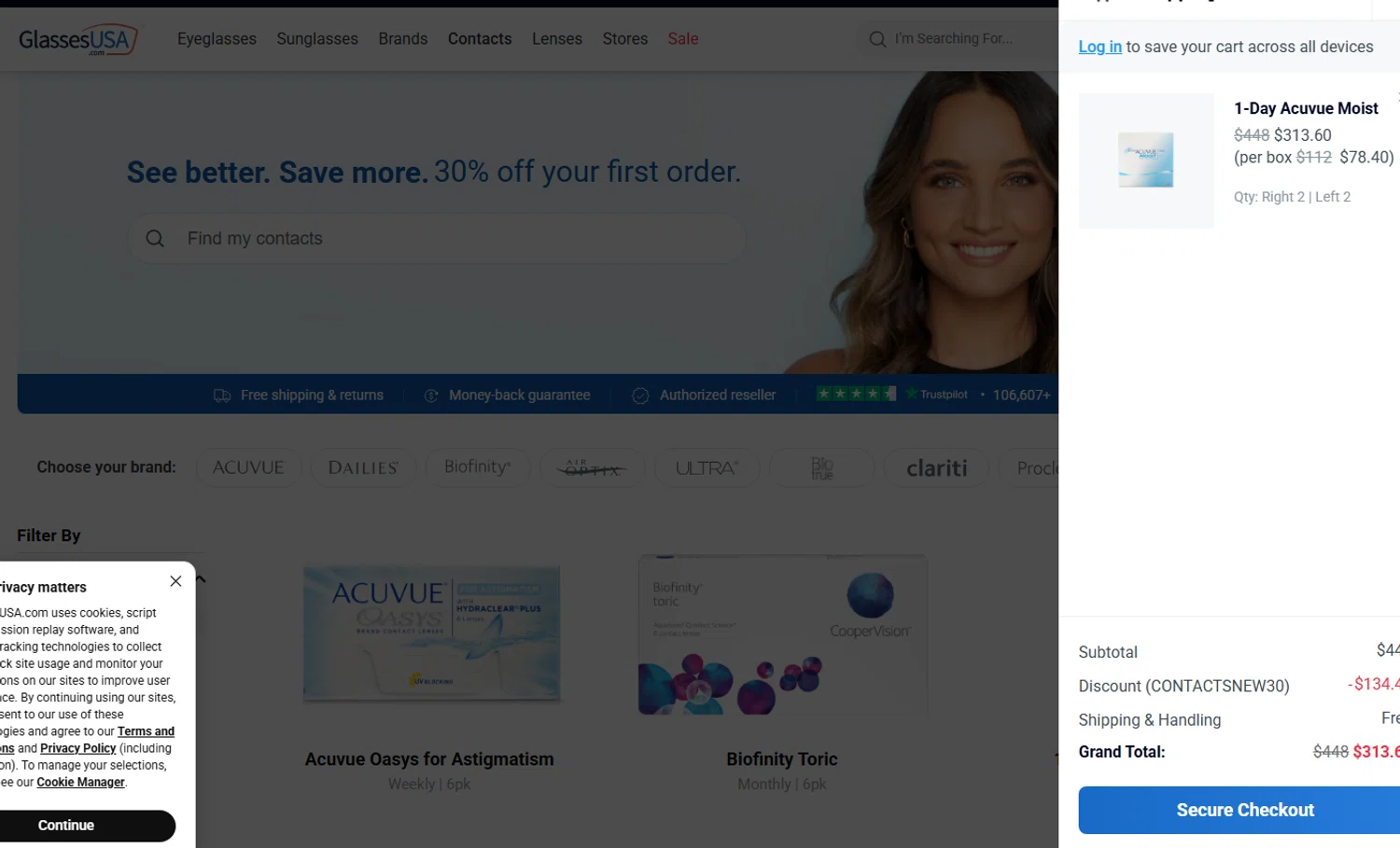 GlassesUSA promo code screenshot showing code CONTACTSNEW30 applied at GlassesUSA checkout page. Uploaded by SimplyCodes community member NinjaShoyo on Aug 27, 2025