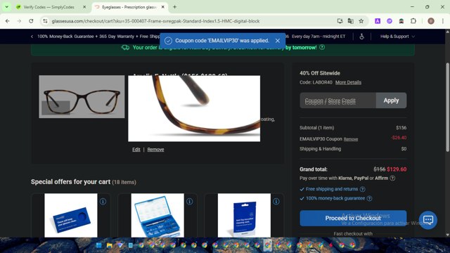 GlassesUSA checkout page showing GlassesUSA promo code box | Screenshot taken by SimplyCodes community member on Aug 25, 2025