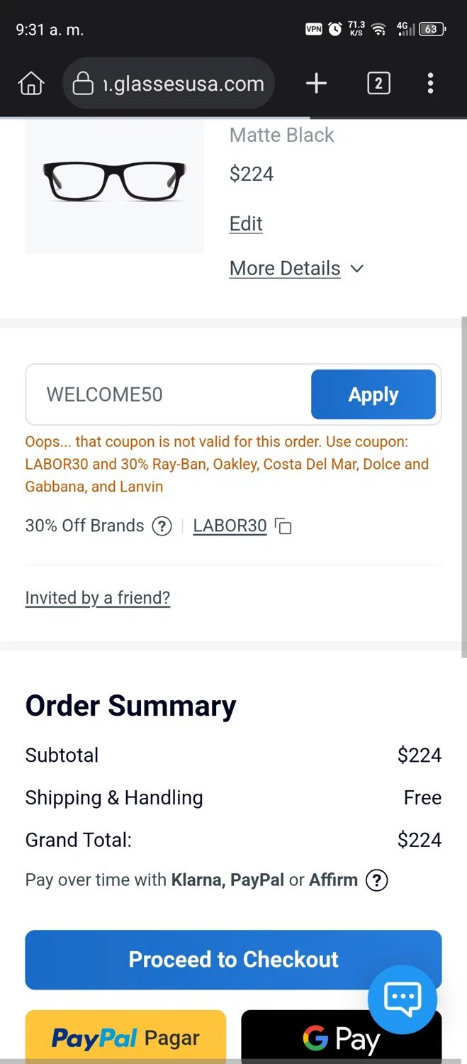 GlassesUSA promo code screenshot showing code WELCOME50 applied at GlassesUSA checkout page. Uploaded by SimplyCodes community member GumballWatterson on Aug 26, 2025